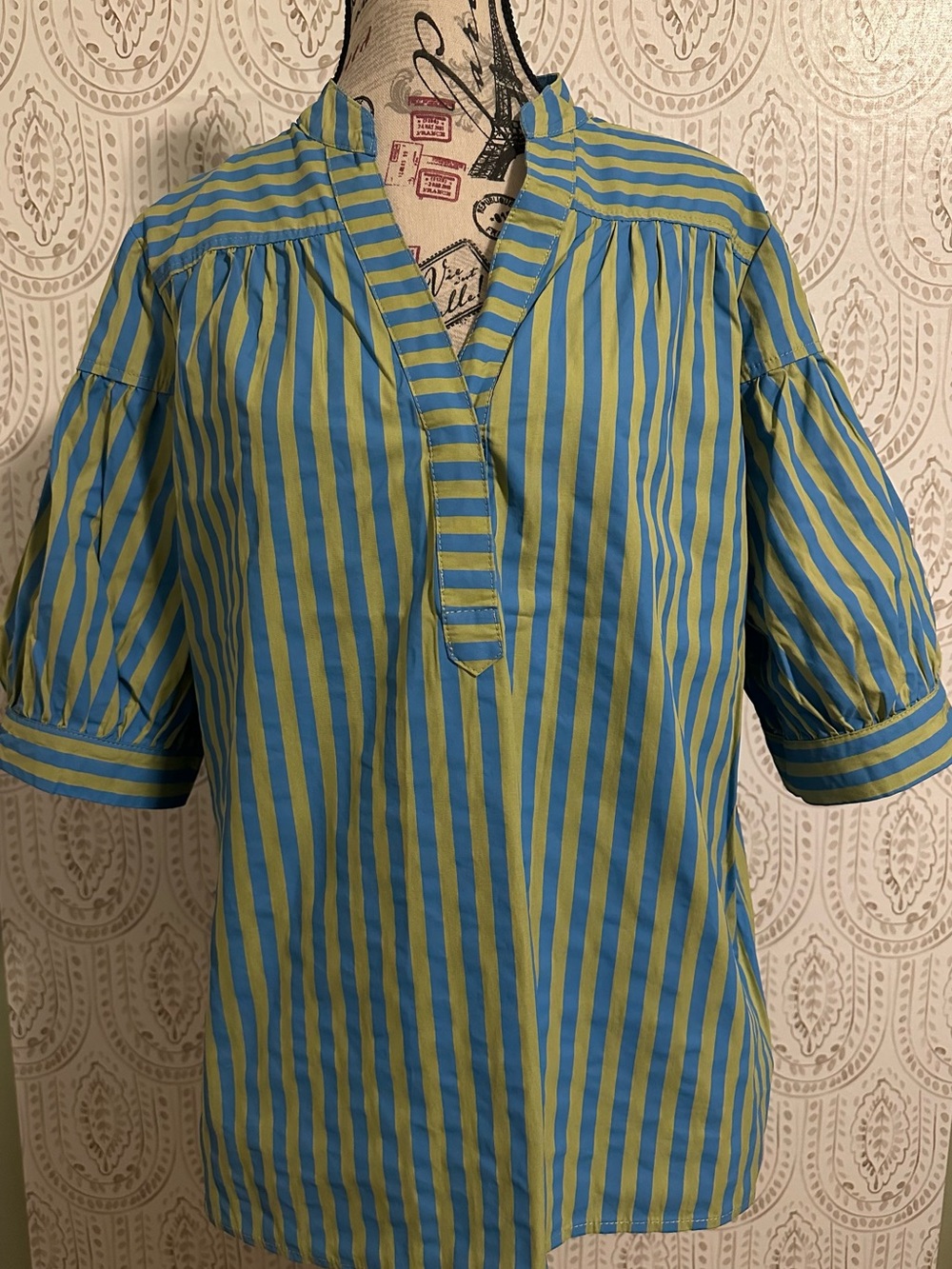 Blue and Lime Vertical Stripe Short Sleeve Blouse PTP 23